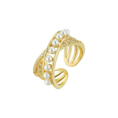 Kokoma Dainty Flower Ring for Women Sparkling Cubic Zirconia Daisy Open Statement Rings Pearl Chic Engagement Promise Ring Wrap Finger Band - color: Cross