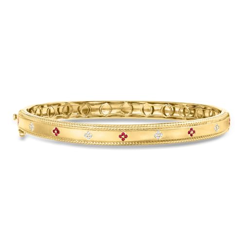 Ross-Simons Ruby and Diamond Flower Bangle Bracelet in 18kt Gold Over Sterling