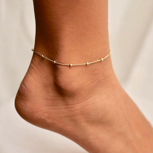 ChicSilver 925 Sterling Silver Ankle Bracelet for Women, Simple Cuban Link/Figaro/Twist Rope Chain Anklets for Beach Party(with Gift Box) - style: 05: Bead Chain-Gold