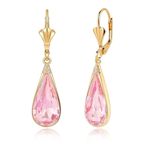 Teardrop Austrian Crystal Leverback Dangle Drop Earrings for Women | 14K Gold Plated,Classic Teardrop Elegance,Leverback for Easy Secure Wear,Gift Box Included, Brighten Up Daily and Party Looks - color: Pink