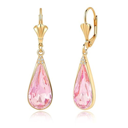 Teardrop Austrian Crystal Leverback Dangle Drop Earrings for Women | 14K Gold Plated,Classic Teardrop Elegance,Leverback for Easy Secure Wear,Gift Box Included, Brighten Up Daily and Party Looks - color: Pink