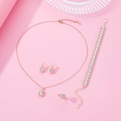 Paxuan 4pcs Cubic Zirconia Wedding Jewelry Sets for Bride Bridesmaid Cubic Zirconia Pendant Necklace Earrings Link Tennis Bracelet Open Ring Set for Women - color: Rose Gold Plated White Cubic Zirconia