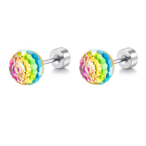 Dazzling Crystal Disco Ball Cartilage Stud Earrings for Women Mom Stainless Steel Austrian Colorful 6mm/8mm CZ Tragus Screw Flat Back Helix Tiny Studs Earring Fashion 60's 70's Jewelry Prom Party 20G - color: Colorful,6mm