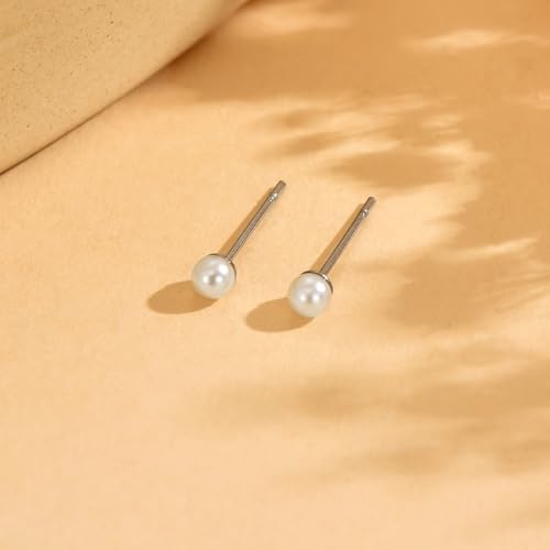 Pearl Stud Earrings for Women Gold/Silver Plated 3mm 4mm 5mm 6mm 8mm Pearl Earrings Dainty Hypoallergenic Earrings - color: White Gold, size: 3 Millimeters
