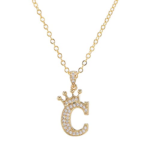 Pingyongchang Letter A-Z pendant necklace Crown letter pendant Charming initials chain necklace, inlaid crystal letter necklace - color: crown-C