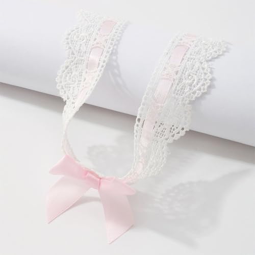 Asphire Sexy Lace Bow-knot Collar Choker Necklace Kawaii Lolita Heart Flower Choker Tie Cravat Jewelry Gift for Women Girls - color: Pink and white