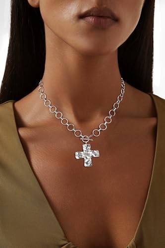 Carffordo Gold Cross Necklaces for Women, Chunky 14K Gold Plated Necklace | Statement Cross Pendant Necklace with Toggle Clasp, Hypoallergenic Waterproof Bold Chain, Trendy Charm Jewelry Gift for Her - color: silver cross