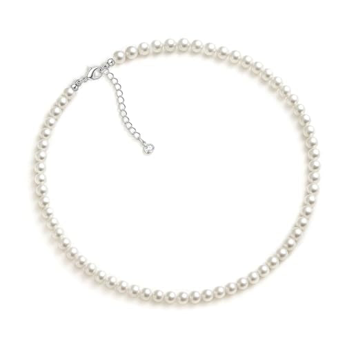 Zeffy Pearl Necklace 4MM/6MM/8MM Dainty Round Imitation Pearl Choker Necklace Wedding Pearl Necklace Delicate Jewelry for Women Simple Bridesmaid Jewelry Gifts - style: 6mm Silver Pearl Necklace(14"+2")