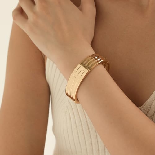 Chunky Gold Bangles Bracelet for Women Trendy Statement Bracelet Dainty Charm Gold Jewelry - color: Striped Bracelet-GD