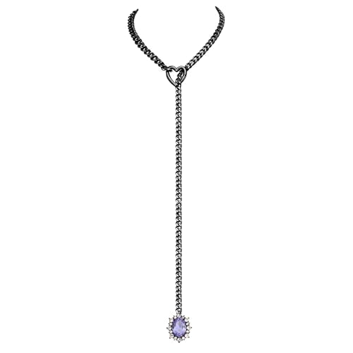 Women's Heart O-Ring Slip Chain Necklace, Double Layered Adjustable 39'' Cuban Chain with Detachable Heart Clasp and Colorful Rhinestone Pendant - color: 25'' Black-Amethyst Purple