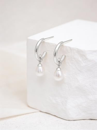 Pearl Earrings for Women Trendy, 14k Gold Plated Freshwater CZ Leaf Pearl Dangle Drop Gold Earrings Lightweight Hypoallergenic Stud Earring Bridesmaid Wedding Gold Jewelry for Women Gifts - style: hoop pearl-silver