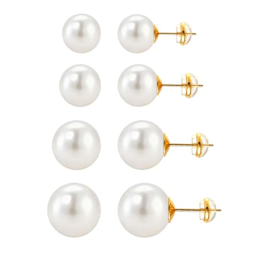 4 Pairs Pearl Stud Earrings, 14K Gold Plated Silver Posts Hypoallergenic Round Simulated Large Pearls, 8mm/10mm/12mm/14mm Stud Earring Set for Women
