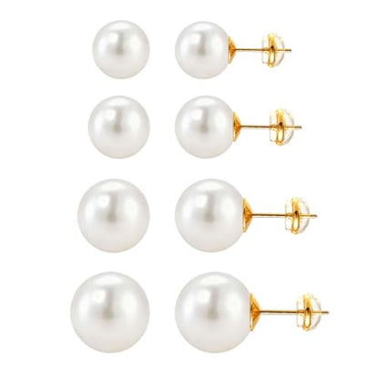 4 Pairs Pearl Stud Earrings, 14K Gold Plated Silver Posts Hypoallergenic Round Simulated Large Pearls, 8mm/10mm/12mm/14mm Stud Earring Set for Women