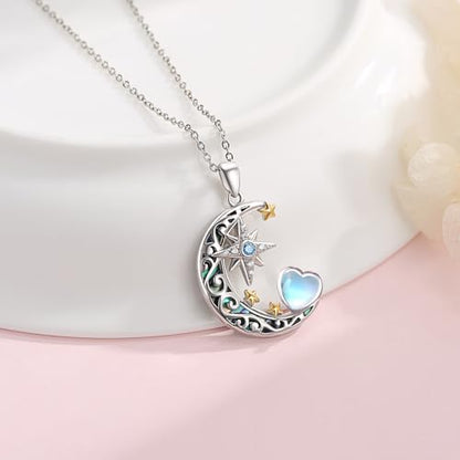 Dragonfly Necklace 925 Sterling Silver Moonstone Necklace Rainbow Stone Dragonfly Jewelry Christmas Birthday Gifts for Women Mom Her - style: Star and Moon with Birthstone
