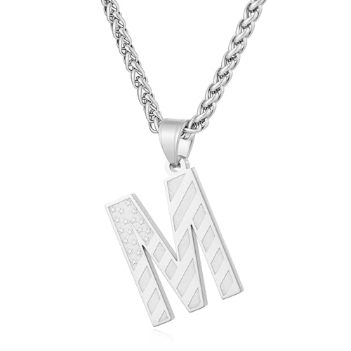 Initial Necklace for Men Stainless Steel Pendent Chain Personalized A-Z Letter Necklaces Black/Gold/Silver Christmas Jewelry Gifts - color: Silver, style: Initial-M