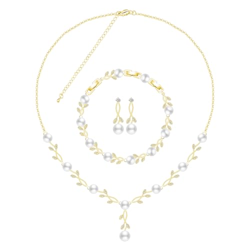 Jewelry Set for Women Bride Bridesmaid Wedding Party Prom Necklace Earrings Bracelet Set Gift for Mother Wife Friend - color: Pearl-Gold-White