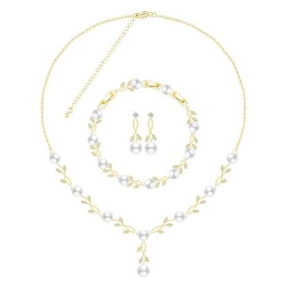 Jewelry Set for Women Bride Bridesmaid Wedding Party Prom Necklace Earrings Bracelet Set Gift for Mother Wife Friend - color: Pearl-Gold-White