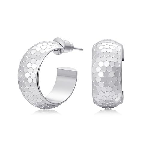 Small Hoop Earrings for Women Wide Half Huggie Hoops Chunky Hoop Earrings 18K Real Gold Plated 925 Sterling Silver Hammered Hypoallergenic Lightweight - color: QIHP-01-Silver