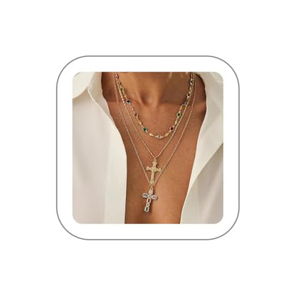 Layered Cross Necklace Set for Women, Layered Choker Necklaces Trendy Jewelry, Colorful Enamel Beaded Y-Shaped Lariat Necklace, Boho Multilayer Cross Necklace for Party and Daily Wear - color: Gold-09