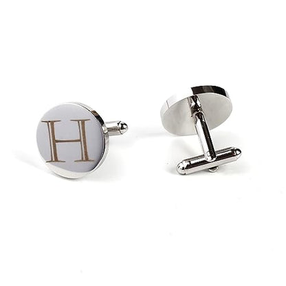 Mens Initial Silver Cufflinks A-Z Alphabet Letter Steel Cuff Links with Engraved Walnut Wood Box Groom Groomsman Wedding Set… - style: H
