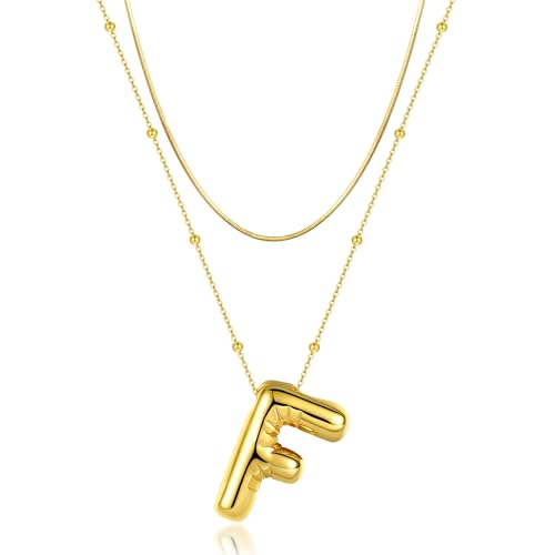 LUCA SMITH 2-Piece Initial Necklaces for Women, Dainty Balloon Bubble A-Z Letter Necklace Set, Name Letter Alphabet Pendant Layered Choker Necklaces Personalized Jewelry Gift - color: Gold bubble letter necklace, style: Initial Set-F