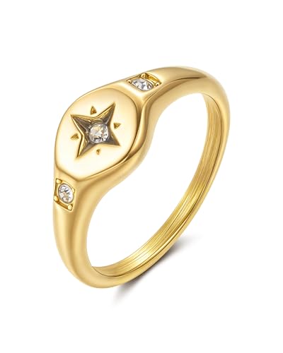 YeGieonr Gold Rings for Women Non Tarnish, 18K Gold Plated Stainless Steel North Star Signet Ring, Waterproof Dainty Pinky Statement Ring, Tarnish Free Gold Jewelry for Women - color: Mini North Star