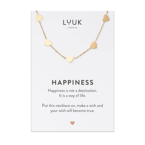 LUUK LIFESTYLE Stainless steel necklace with pendant and HAPPINESS card, 20” adjustable length, lucky charm, friendship chain, Valentine's Day gift, birthday, women's jewelry, silver, gold, rosegold - color: Gold, size: Little hearts