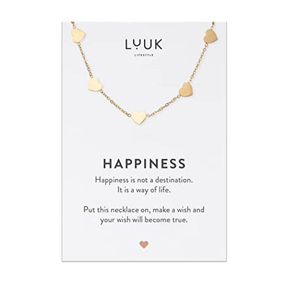 LUUK LIFESTYLE Stainless steel necklace with pendant and HAPPINESS card, 20” adjustable length, lucky charm, friendship chain, Valentine's Day gift, birthday, women's jewelry, silver, gold, rosegold - color: Gold, size: Little hearts