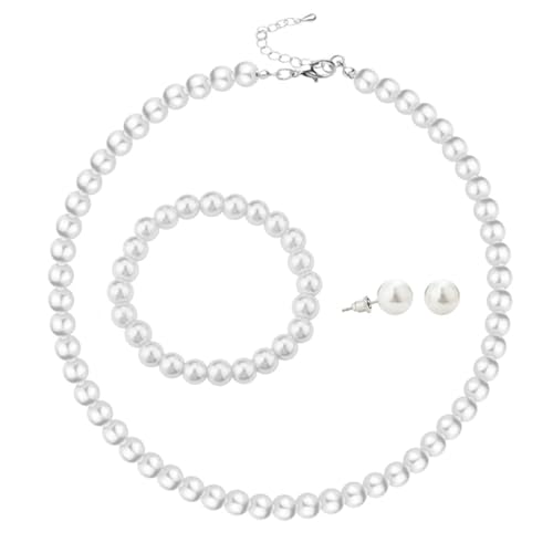 xuzhiyuan 10mm Faux Pearl Jewelry Set for Women, Classic 3-Piece Necklace Bracelet and Earring Set, Hypoallergenic Fashion Jewelry Gift for Mom Wife - color: White