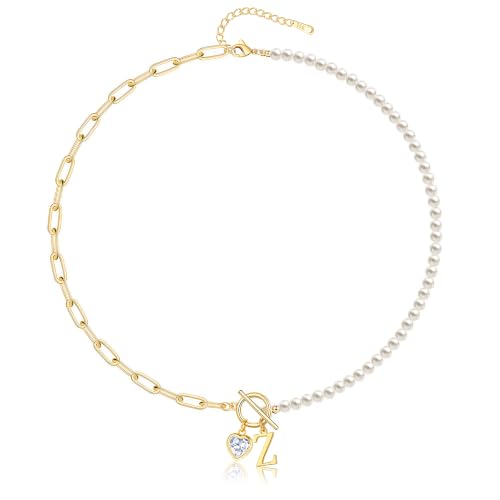 Initial Pearl Necklace for Women, 14K Gold Plated Paperclip Chain | Toggle Clasp, Heart CZ Initial Necklace,Gold Necklace for Women,Bridesmaid Wedding Gifts Jewelry - color: Gold-Z