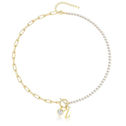 Initial Pearl Necklace for Women, 14K Gold Plated Paperclip Chain | Toggle Clasp, Heart CZ Initial Necklace,Gold Necklace for Women,Bridesmaid Wedding Gifts Jewelry - color: Gold-Z