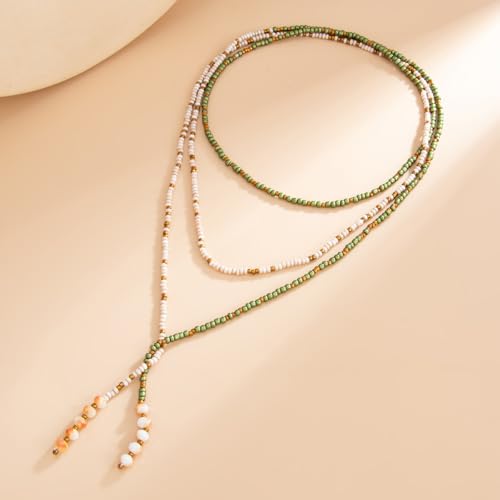 GYRMMUE Colorful Seed Bead Lariat Necklace for Women Boho Y Drop Beaded Choker Adjustable Multi Strand Wrap Necklaces Dainty Long Tassel Rice Bead Necklaces Everyday Party Jewelry - color: Green
