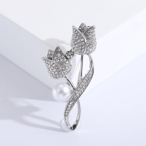 coadipress Tulip Floral Brooch Pin for Women Dainty Gold Plated Rhinestone Pearl Tulip Flower Green Leaf Broochs Pins Trendy Wedding Party Jewelry Accessories - style: Silver
