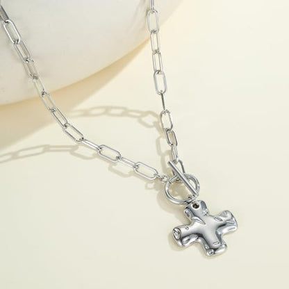 Joxevyia Gold Cross Necklace for Women Hammered Cross Pendant Toggle Clasp Paperclip Chain Statement Choker Bold Faith Jewelry Gift - color: silver cross necklace, size: 18 inches