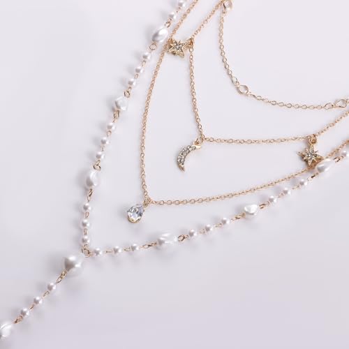 Layered Gold Pearl Lariat Necklace for Women Multi Strand Y Chain with Moon Star Charms Adjustable Statement Fashion Jewelry for Party Wedding Gift