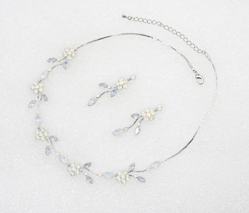 Faship Gorgeous Rhinestone Crystal Floral Necklace Earrings Set - color: White Opal