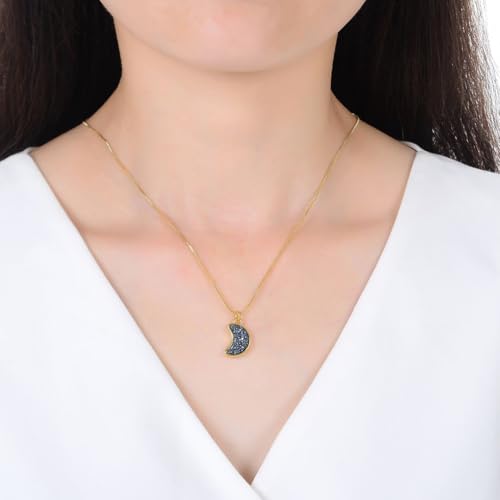 Adabele Natural Druzy Necklace Small Tiny Moon Gemstone Pendant 18 inch Sparkly Agate Stone Crystal Women Jewelry Tarnish Resistant Stainless Steel/Gold Plated Chain - color: Hematite black druzy - gold plated