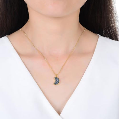Adabele Natural Druzy Necklace Small Tiny Moon Gemstone Pendant 18 inch Sparkly Agate Stone Crystal Women Jewelry Tarnish Resistant Stainless Steel/Gold Plated Chain - color: Hematite black druzy - gold plated