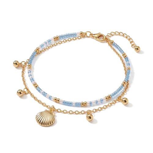 Shells Ankle Bracelets for Women Waterproof Boho Summer Beach Jewelry Trendy Dainty 14K Gold layered Shell Anklet Foot Jewelry Gifts