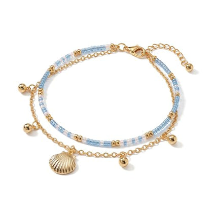 Shells Ankle Bracelets for Women Waterproof Boho Summer Beach Jewelry Trendy Dainty 14K Gold layered Shell Anklet Foot Jewelry Gifts