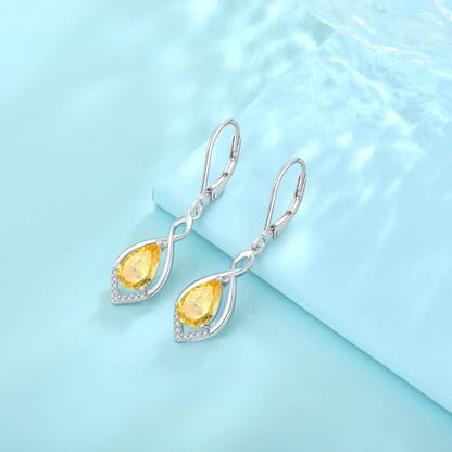 Infinity Teardrop Earrings 925 Sterling Silver Dangle Drop Leverback Earrings Birthstone Jewelry for Women - color: Yellow