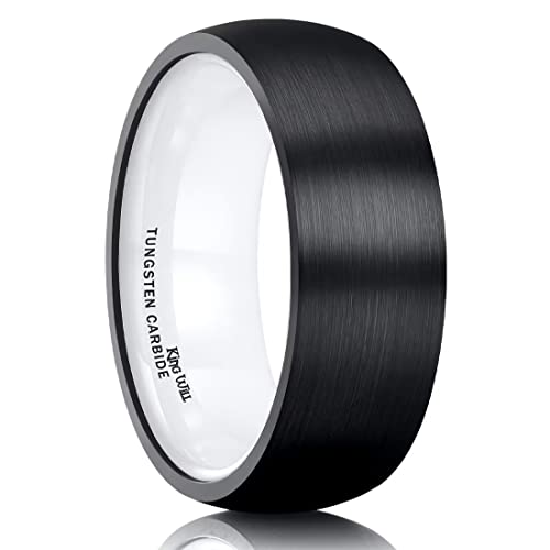 King Will Wedding Band for Men Women, 2/4/6/7/8mm Domed Matte Brushed Tungsten Carbide Rings, Solid/Dual Color Engagement Rings, Comfort Fit - color: Black&White Ceramic-8mm