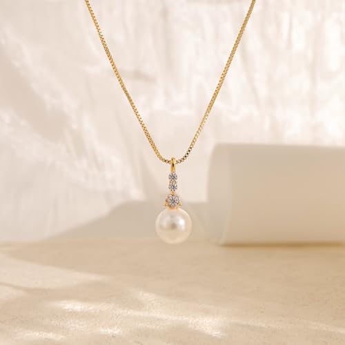 Pearl Necklaces for Women Trendy,Dainty Pearl Pendant Necklace | 14k Gold Plated Elegant Pearl Necklace,Simple Pearl Pendant,Dainty Gold Jewelry,Waterproof Summer Bridal Wedding Accessories - color: GOLD-17