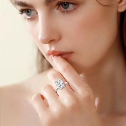 5CT Elongated Cushion Cut Engagement Ring Travel Band Size5-10 | Big Look CZ Fake Engagement Ring, 925 Sterling Silver 14K/White Gold Plated, Wedding Promise Anniversary Statement Gift - color: Silver