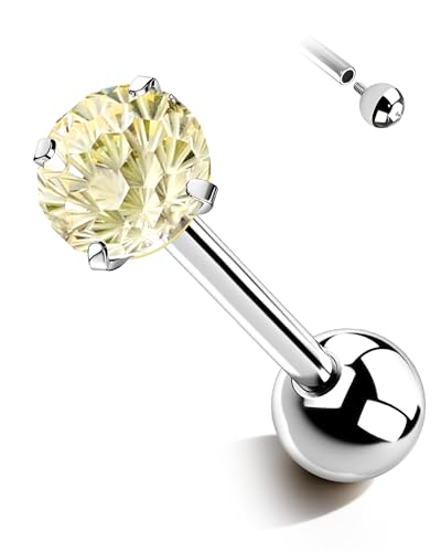 G23 Solid Titanium Tongue Ring Barbell 14G Firework CZ Bar Tongue Rings Surgical Steel Toungue Piercing - color: Yellow