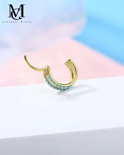 Nose Ring Hoop, 316L Stainless Steel Double Nose Rings, 20G Nose Piercing Jewelry for Women, Clear CZ Helix Cartilage Septum Nose Hoops - color: Turquoise-Gold-6mm