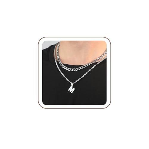 SENRAN Layered Initial A-Z Letter Necklace for Men Stainless Steel | Figaro Twist Rope Chain 18-20 inch Personalized Letter Charm Pendant Jewelry Gift for Women - style: M.