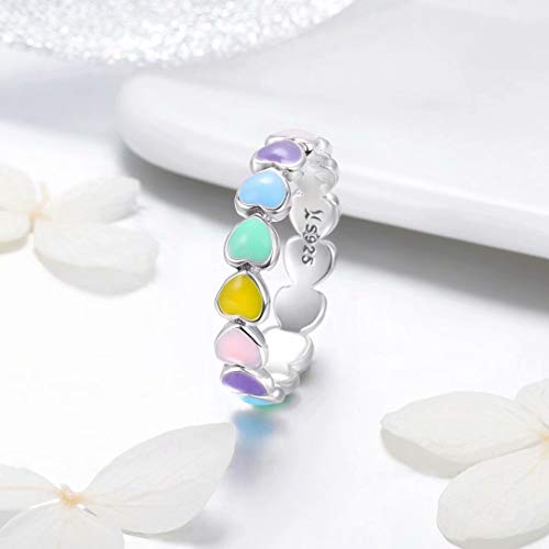 Qings 925 Sterling Silver Multi Color Heart Enamel Band Ring for Women | Smooth enamel craftsmanship on genuine sterling silver creates a bright fashion statement for women casual everyday wear