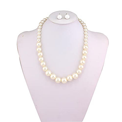 Bridal Wedding Faux Pearl Statement Necklace and Clip on Earrings Bracelet Jewelry Sets Women Bib Choker Necklace - color: White