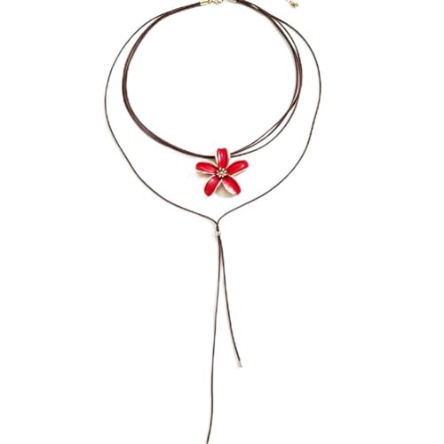 Bohemian Flower Necklace Layered Colorful Flower Floral Long Necklace for Women Leather Cord Lariat Y Necklaces Boho Jewelry Gift Trendy - color: red